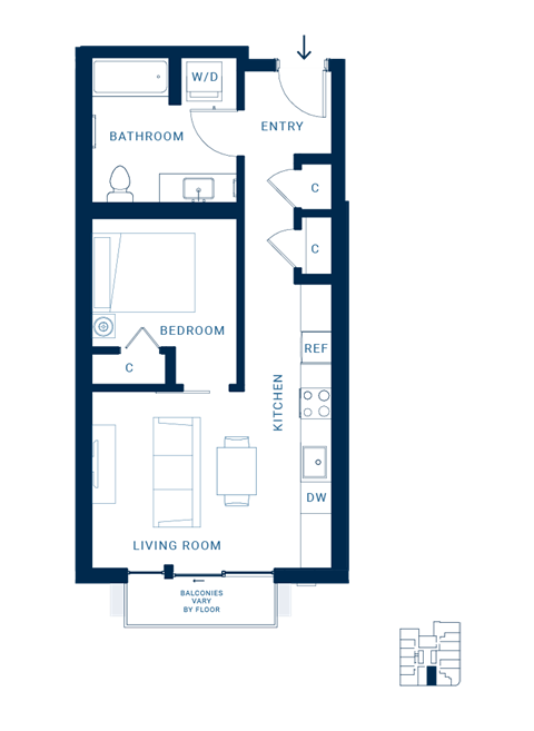 Floor plan for studio, 1 bath, 539 sqft
